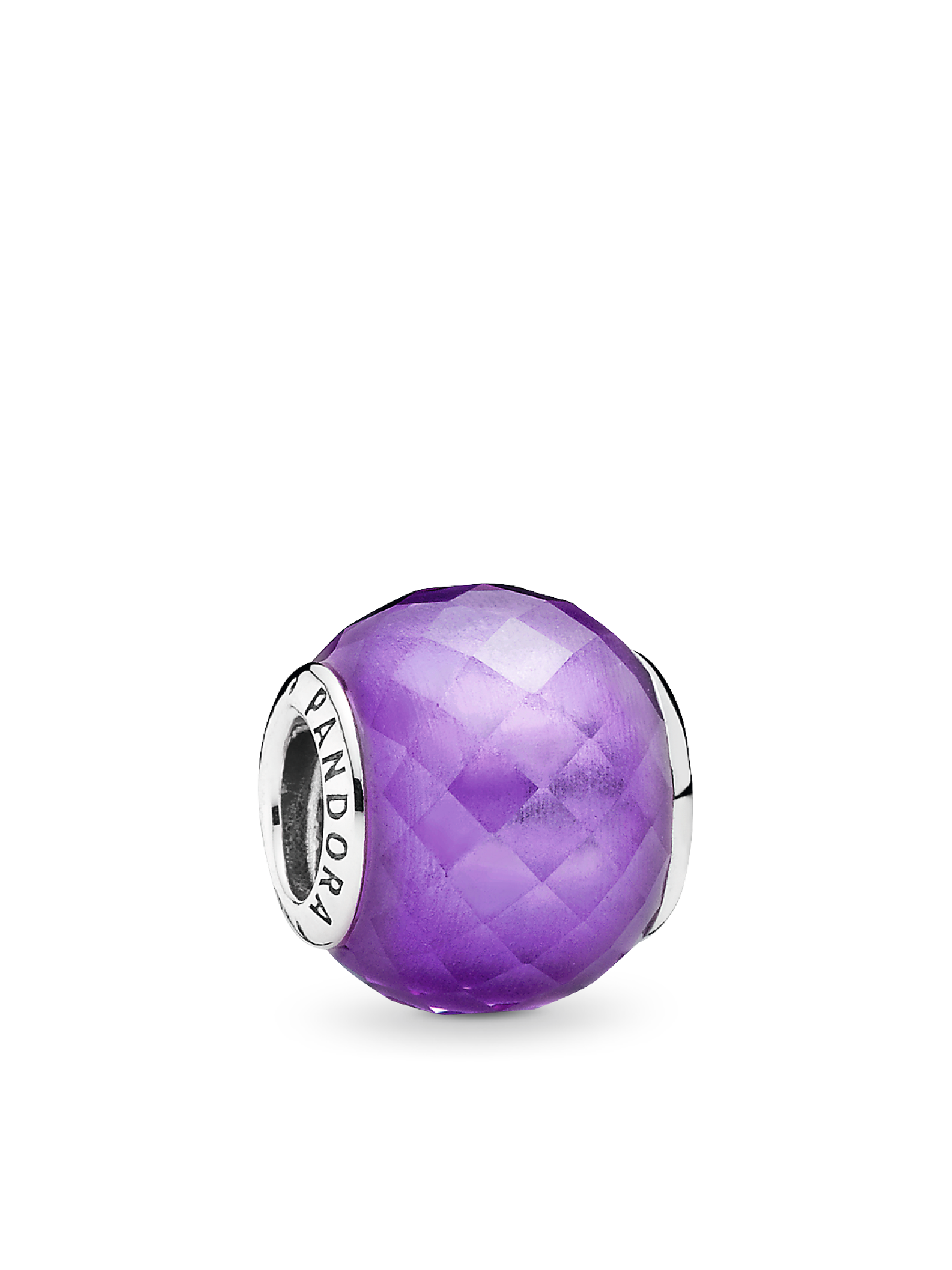 Abstract faceted silver charm with purple cubic zirconia