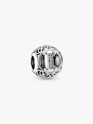 Letter I silver charm with clear cubic zirconia