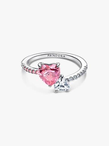 Anel de Coração Duplo Brilhante Rosa e Transparente