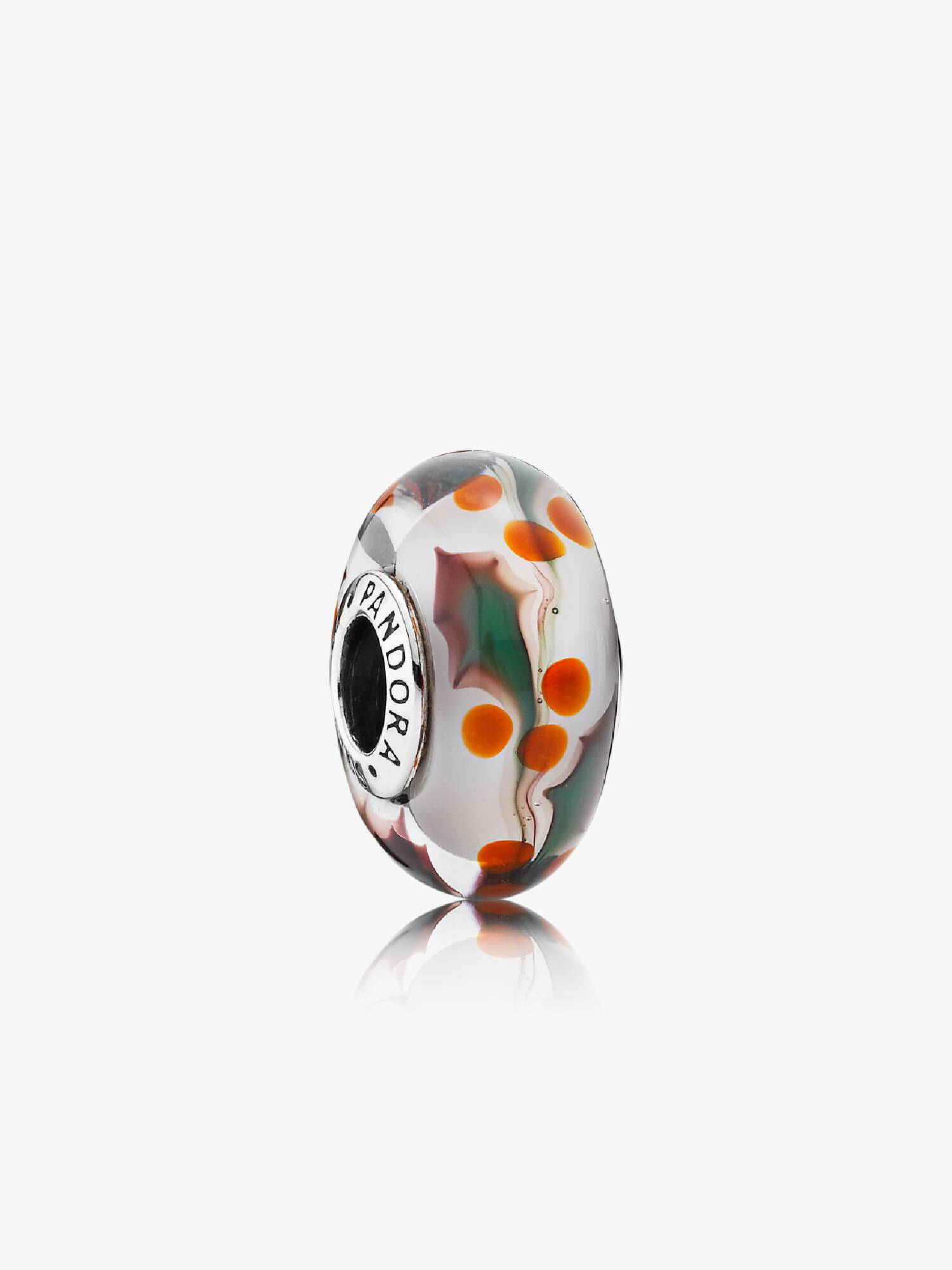 Holly silver charm with transparent, white, red and green Murano glass