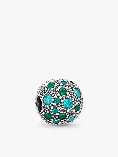 Silver clip with teal cubic zirconia, green crystal and bluish green crystal