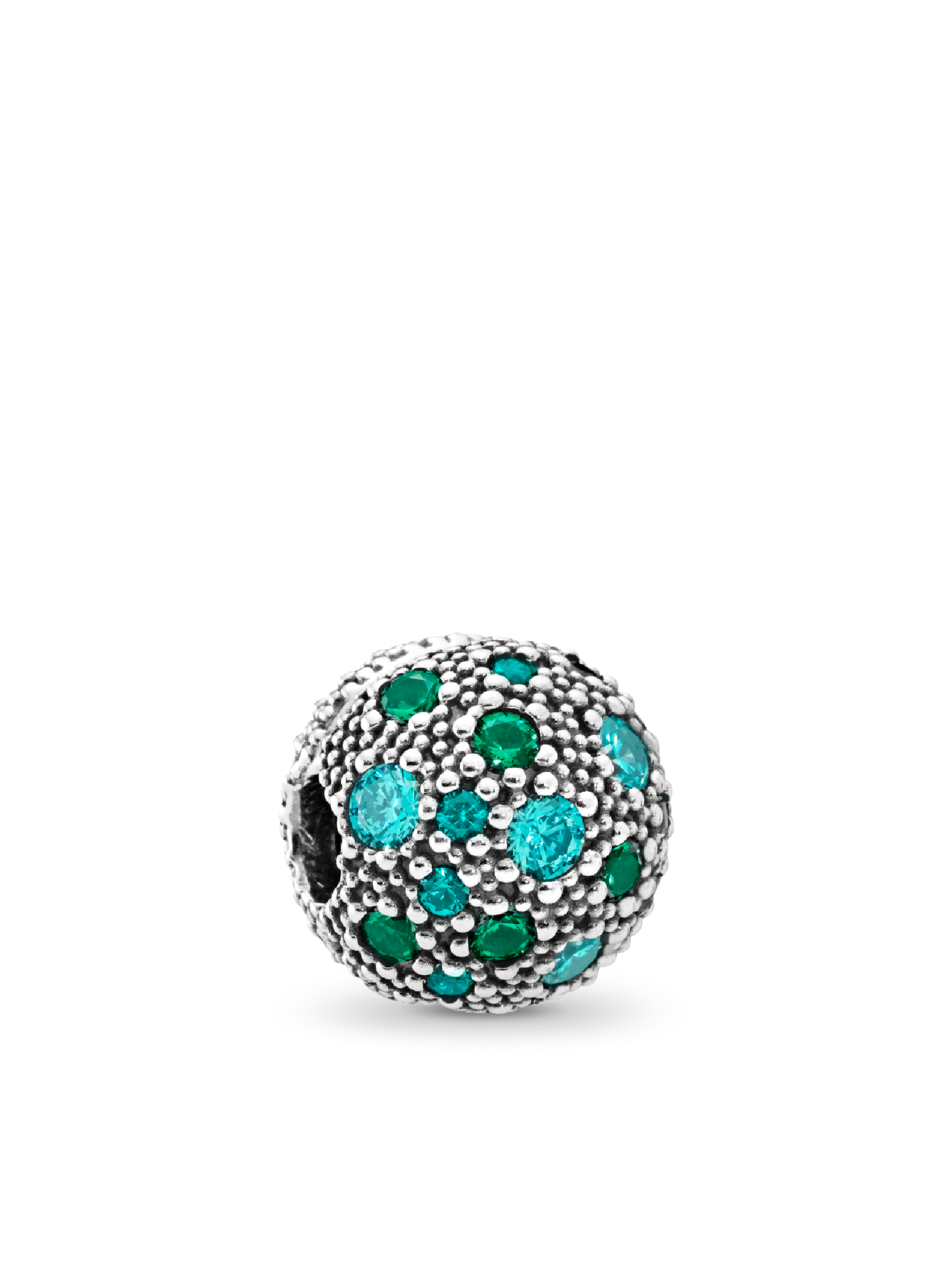 Silver clip with teal cubic zirconia, green crystal and bluish green crystal