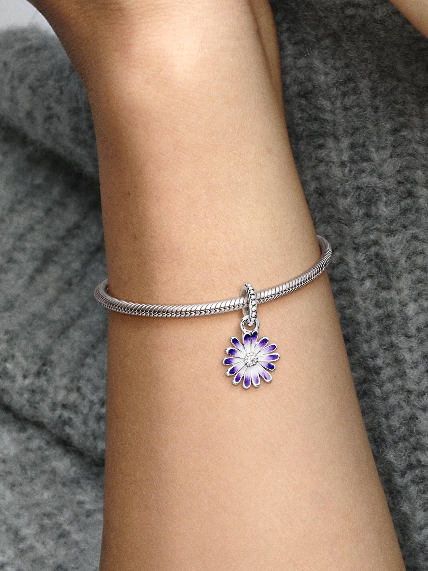 Daisy sterling silver dangle with clear cubic zirconia and shaded purple enamel