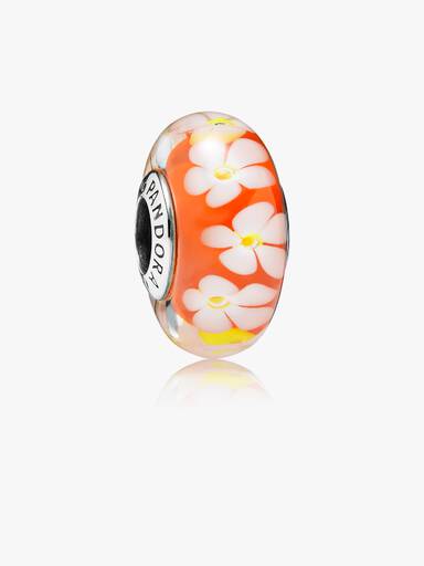Tropical flowers silver charm with white and orange Murano glass