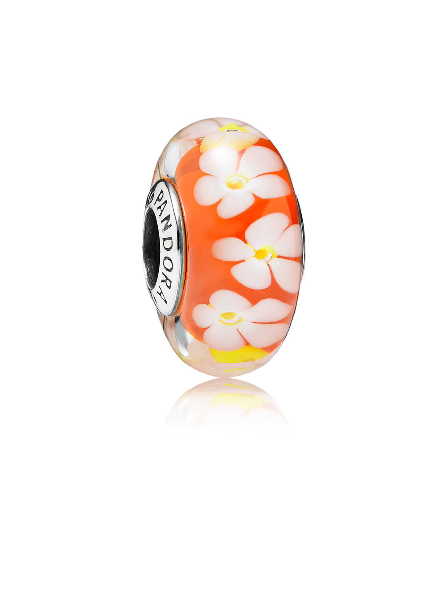 Tropical flowers silver charm with white and orange Murano glass