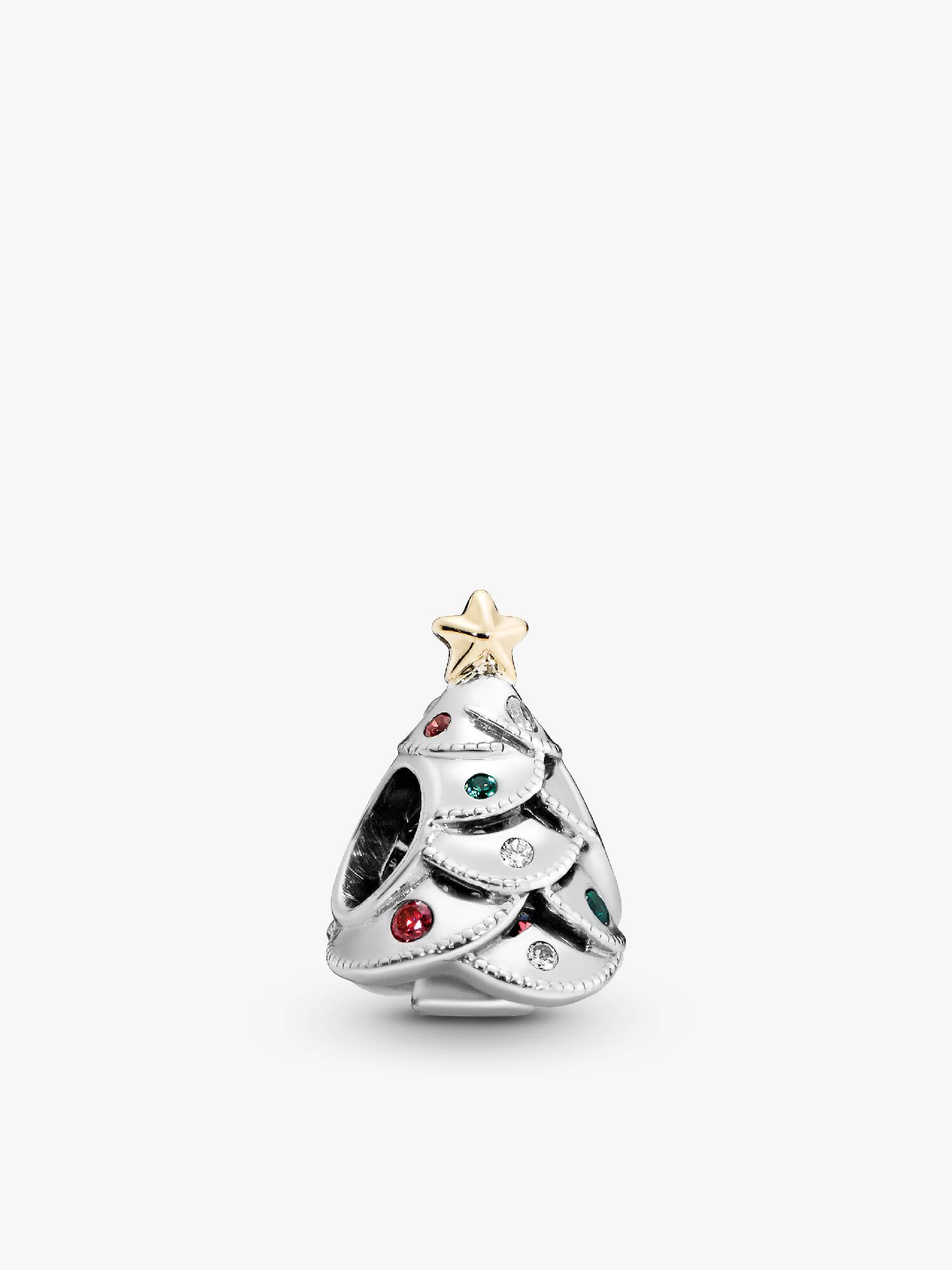 Christmas tree silver charm with 14k, clear cubic zirconia, red cubic zirconia and green crystal