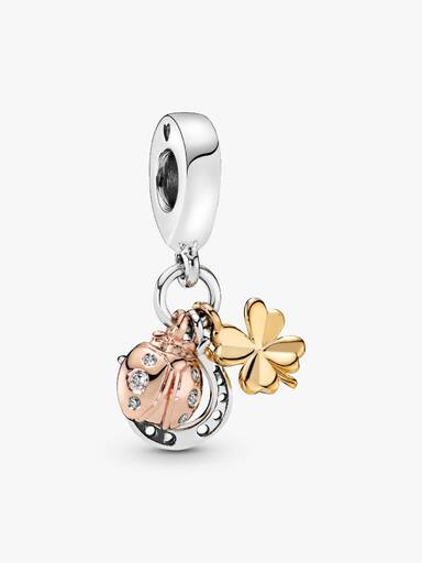 Horseshoe, clover and ladybird in silver, 14k gold-plated and 14k rose gold-plated dangle with clear cubic zirconia