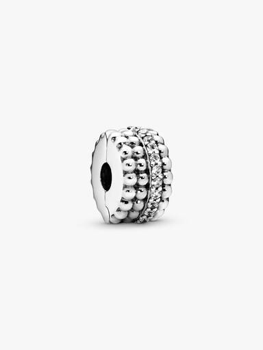 Beaded silver clip with clear cubic zirconia