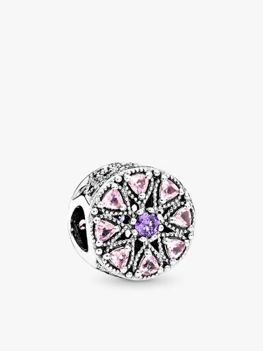 Abstract silver charm with purple cubic zirconia, rose pink crystal and clear cubic zirconia