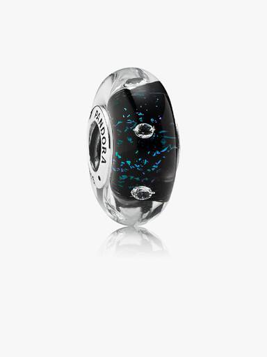 Abstract silver charm with iridescent blue Murano glass and cubic zirconia