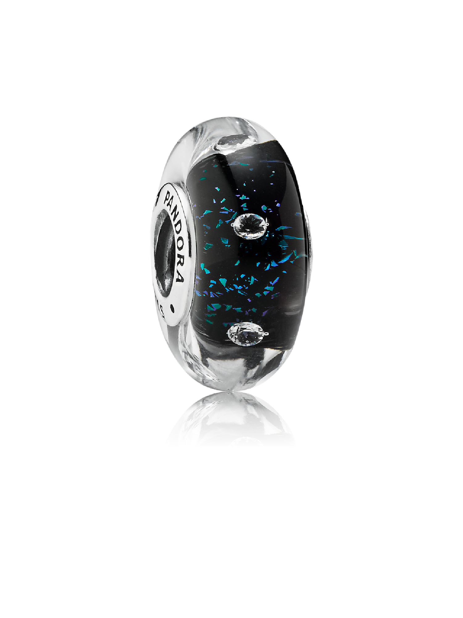 Abstract silver charm with iridescent blue Murano glass and cubic zirconia