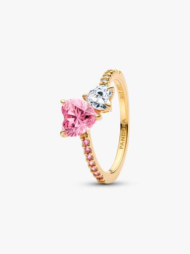 Anel de Coração Duplo Brilhante Rosa e Transparente