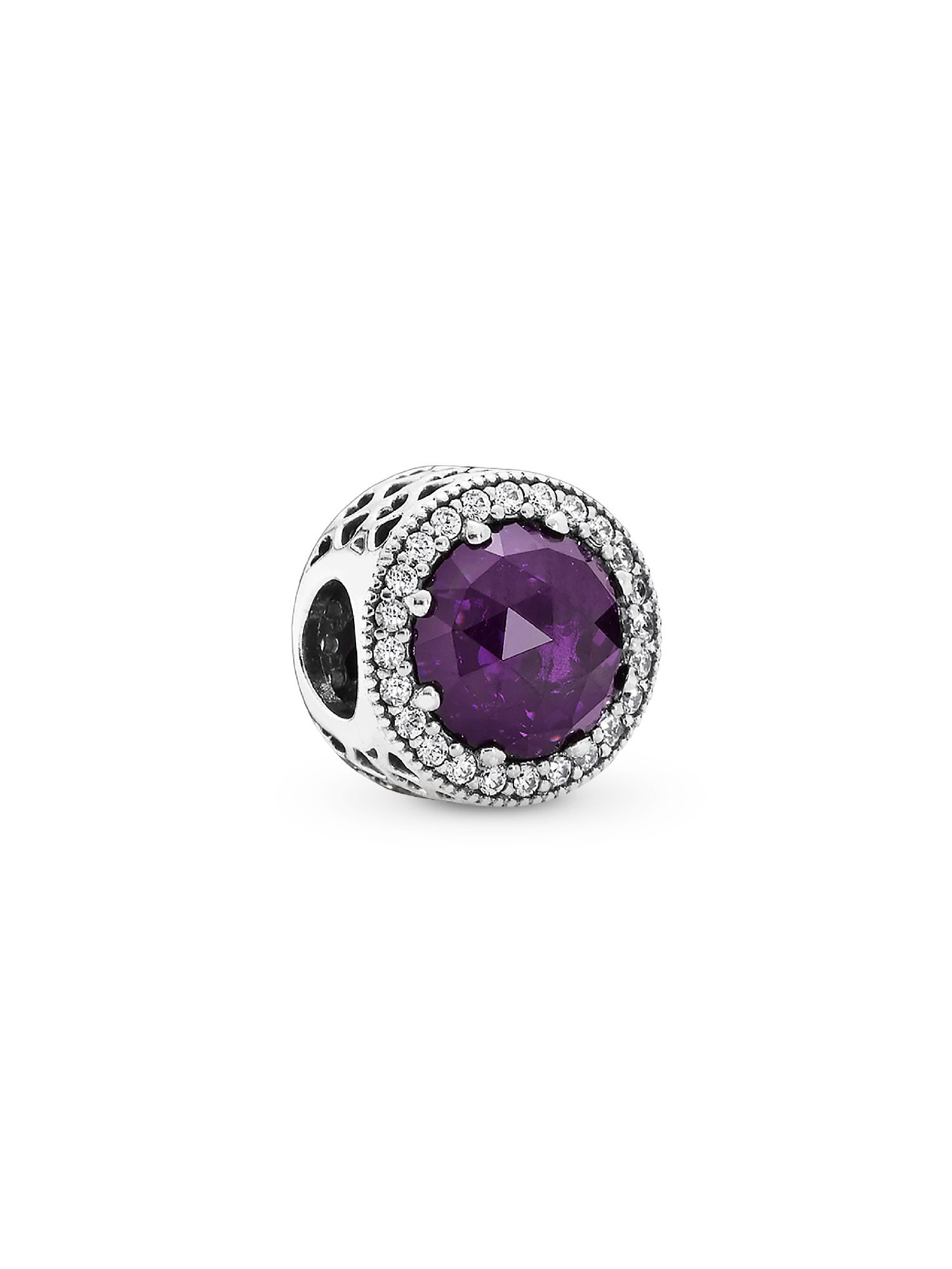 Abstract silver charm with royal purple crystal and clear cubic zirconia