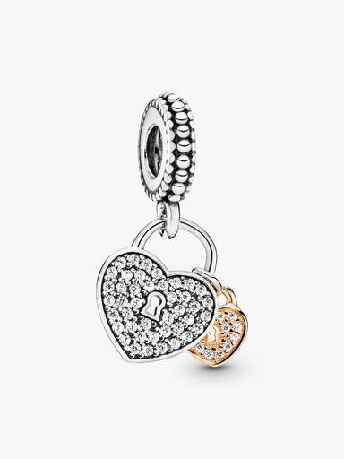 Heart padlock silver dangle with 14k and clear cubic zirconia