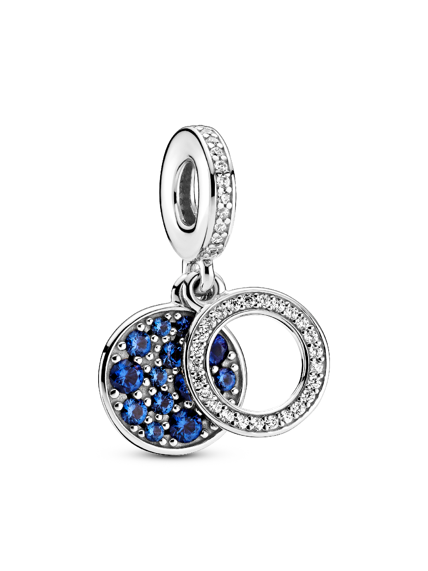 Circle and disc sterling silver dangle with clear cubic zirconia and stellar blue crystal