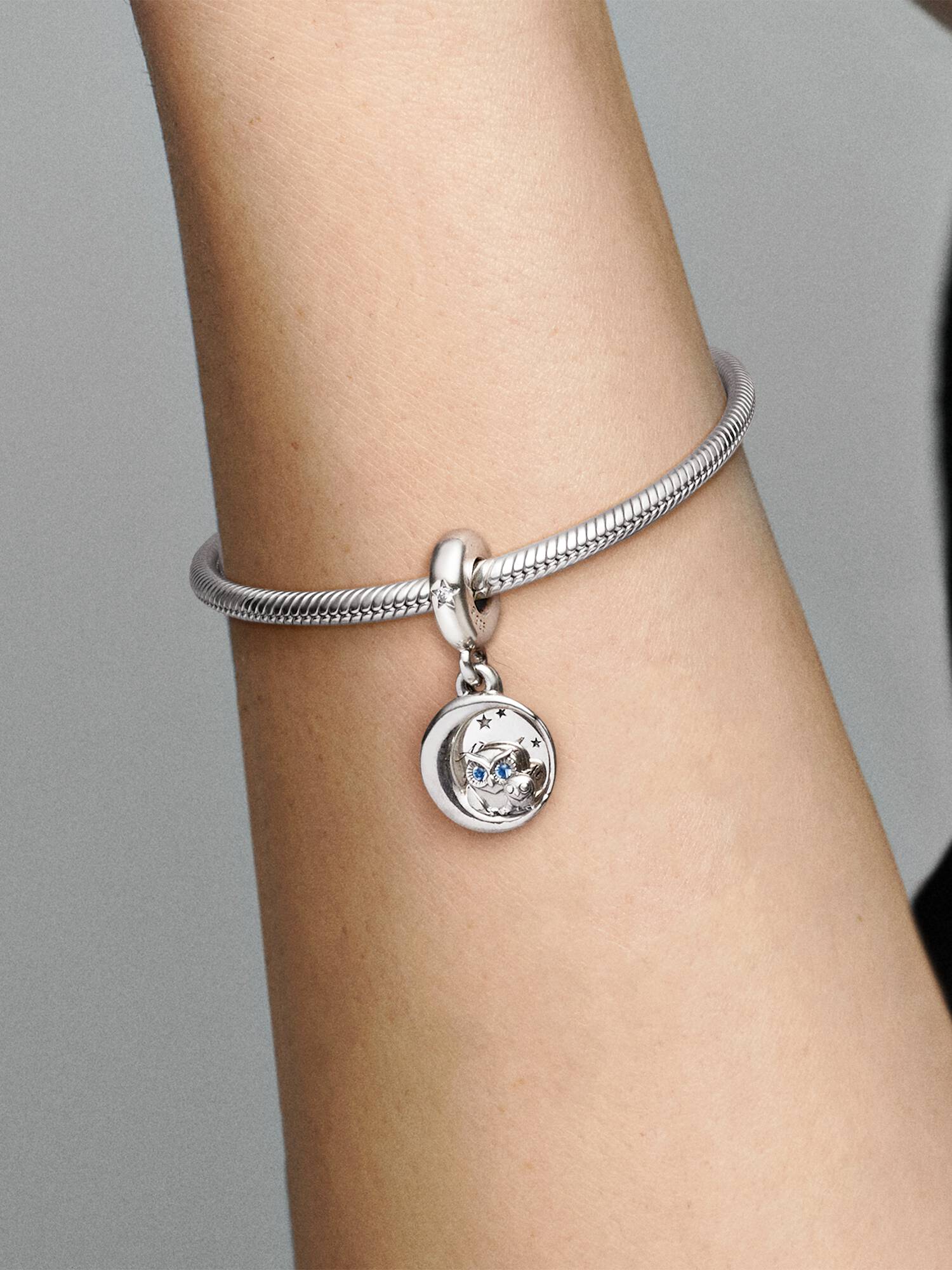 Owl sterling silver dangle with bright cobalt blue crystal and clear cubic zirconia