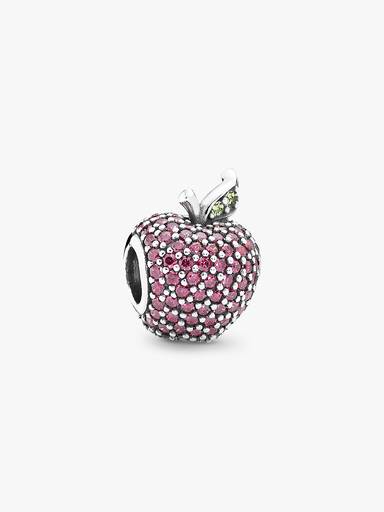 Apple pave silver charm with fancy red cubic zirconia and light green crystal
