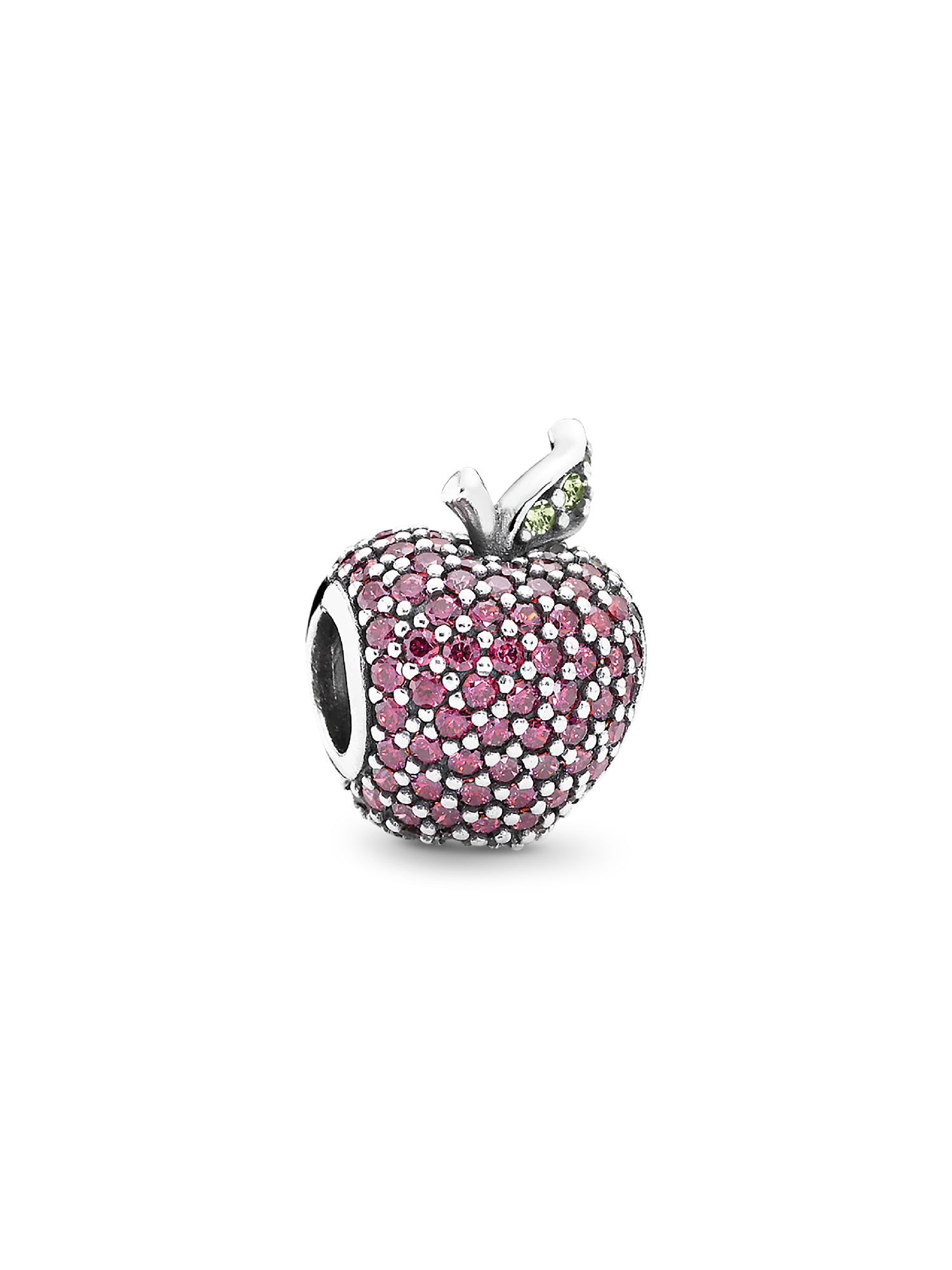 Apple pave silver charm with fancy red cubic zirconia and light green crystal