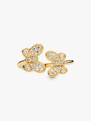 Butterfly 14k gold-plated open ring with clear cubic zirconia