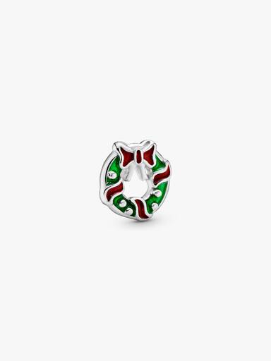 Holiday wreath silver petite element with red and green enamel