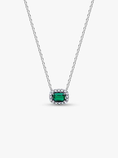 Colar com pingente retangular verde cintilante com halo.