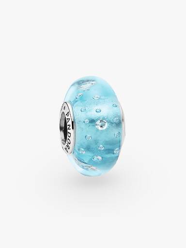 Abstract silver charm in blue murano glass with cubic zirconia