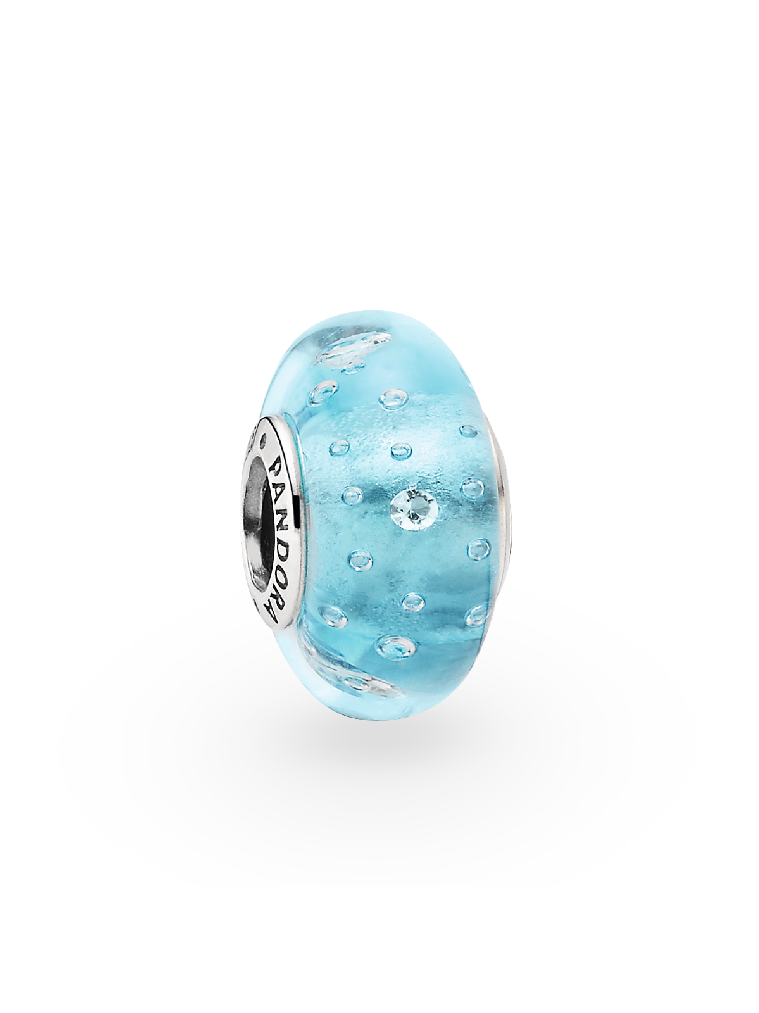 Abstract silver charm in blue murano glass with cubic zirconia