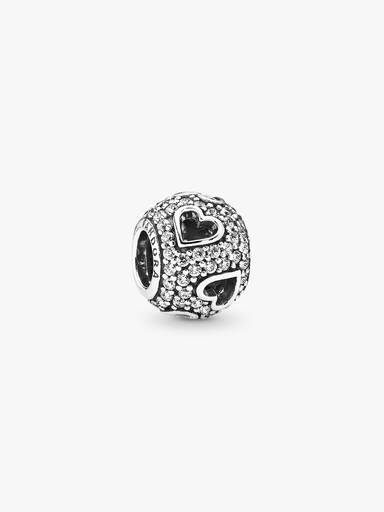 Abstract pave silver charm with cubic zirconia and cut-out hearts