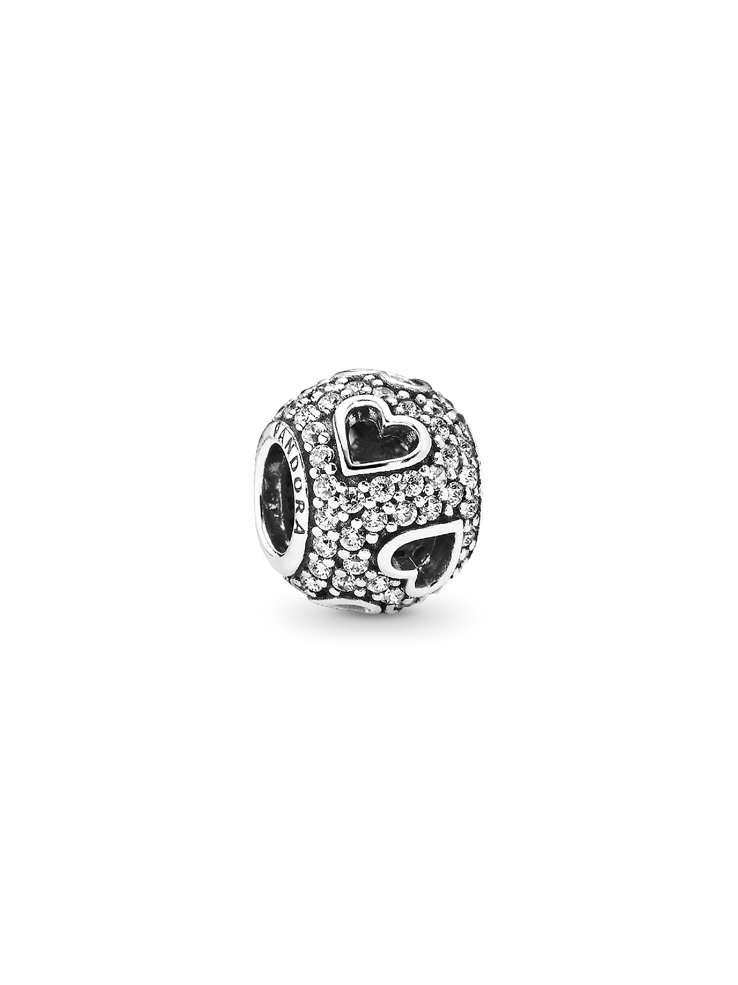 Abstract pave silver charm with cubic zirconia and cut-out hearts