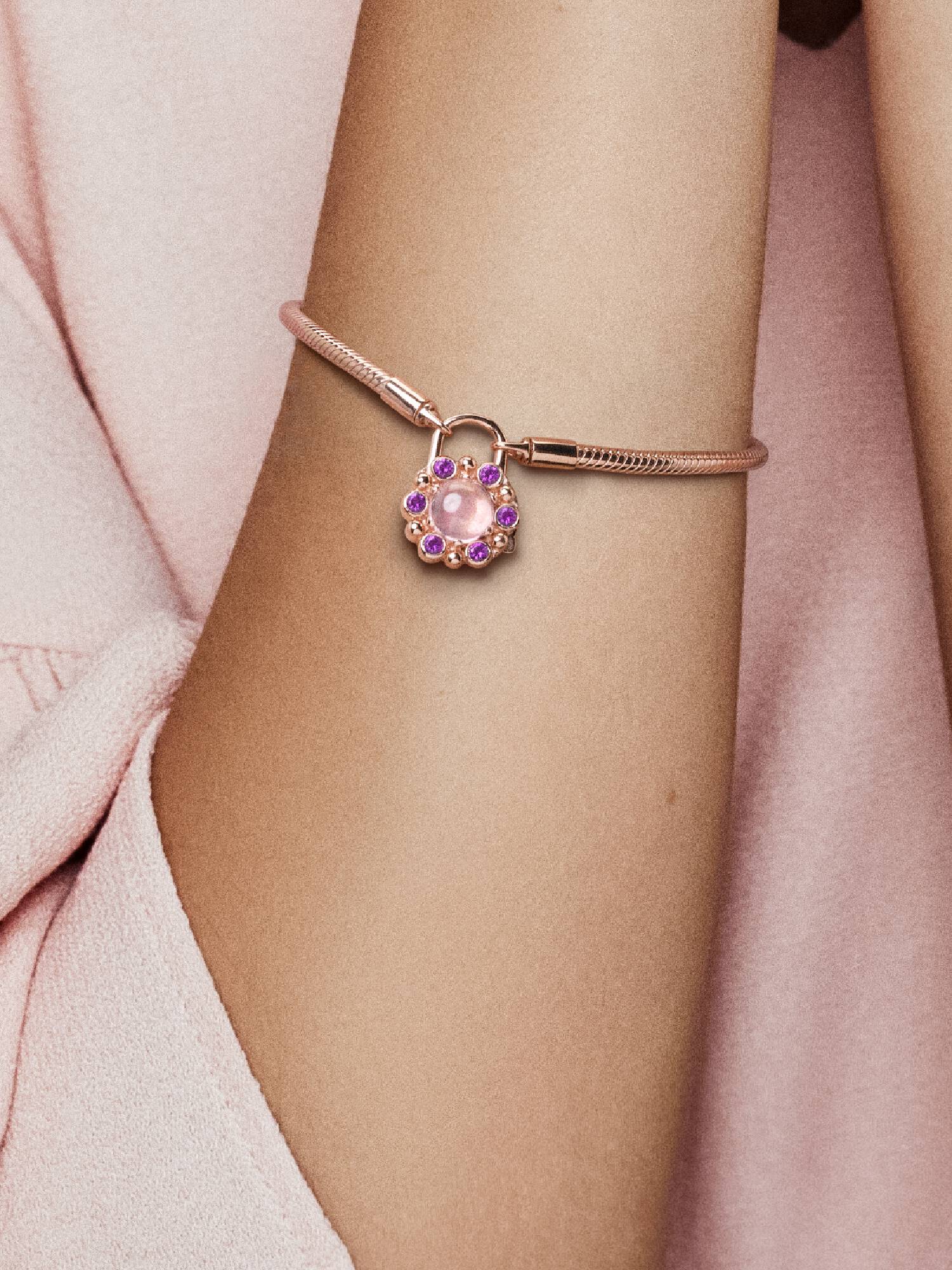 PANDORA Rose snake chain bracelet and padlock clasp with pink mist and royal purple crystal