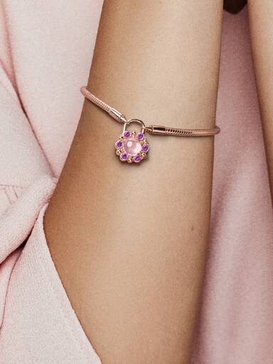 PANDORA Rose snake chain bracelet and padlock clasp with pink mist and royal purple crystal