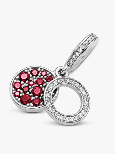 Circle and disc sterling silver dangle with red and clear cubic zirconia