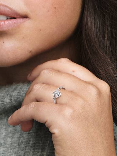 Wishbone sterling silver ring with clear cubic zirconia