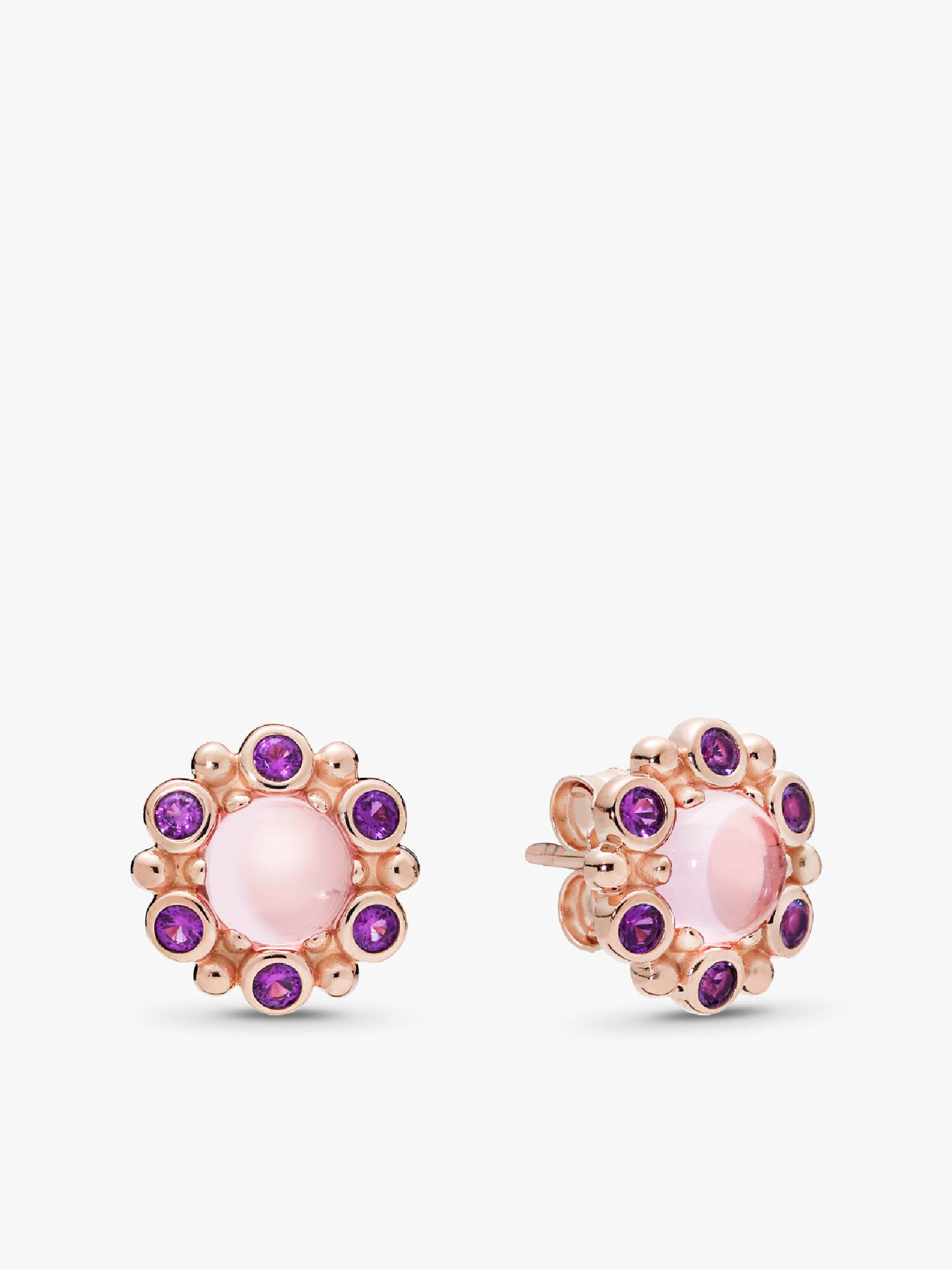 PANDORA Rose stud earrings with pink mist and royal purple crystal