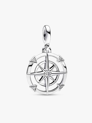 Compass sterling silver medallion with clear cubic zirconia