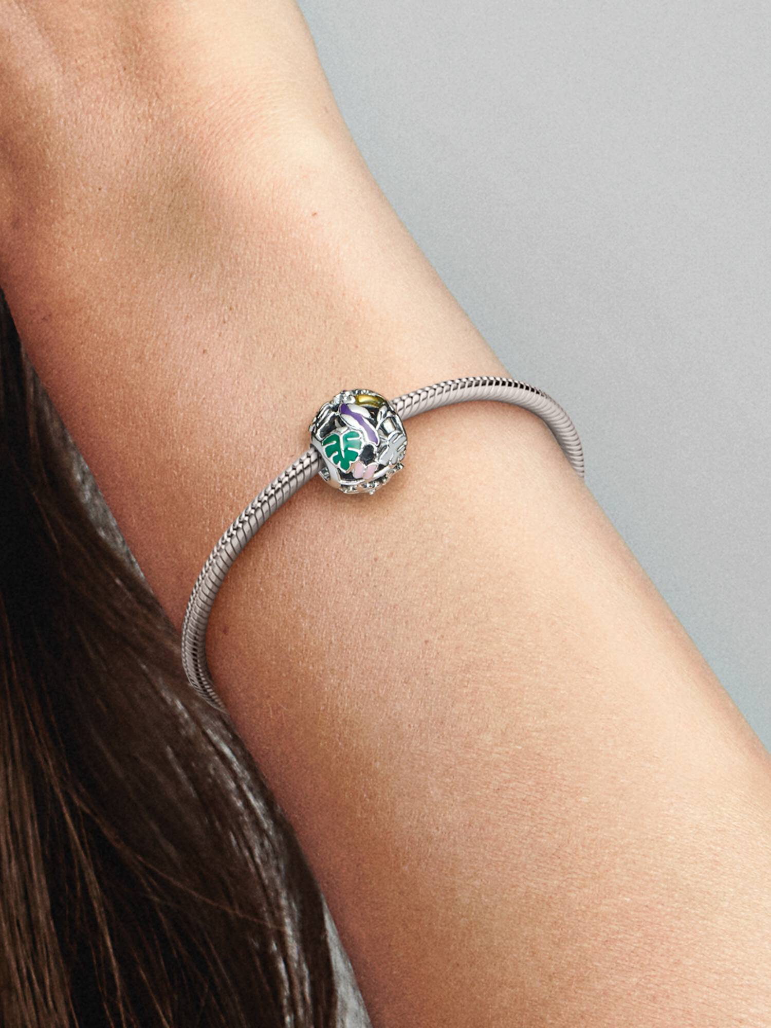 Jungle sterling silver charm with pink, yellow, purple and green enamel