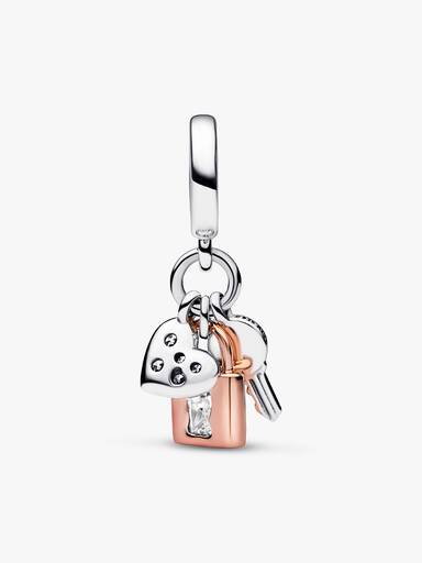 Charm Pendente Triplo Chave, Cadeado e Coração Bicolor