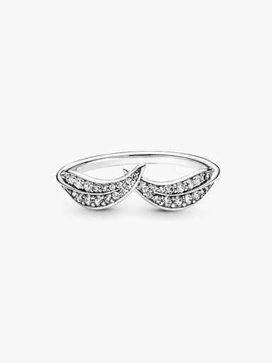 Leaves sterling silver ring with clear cubic zirconia
