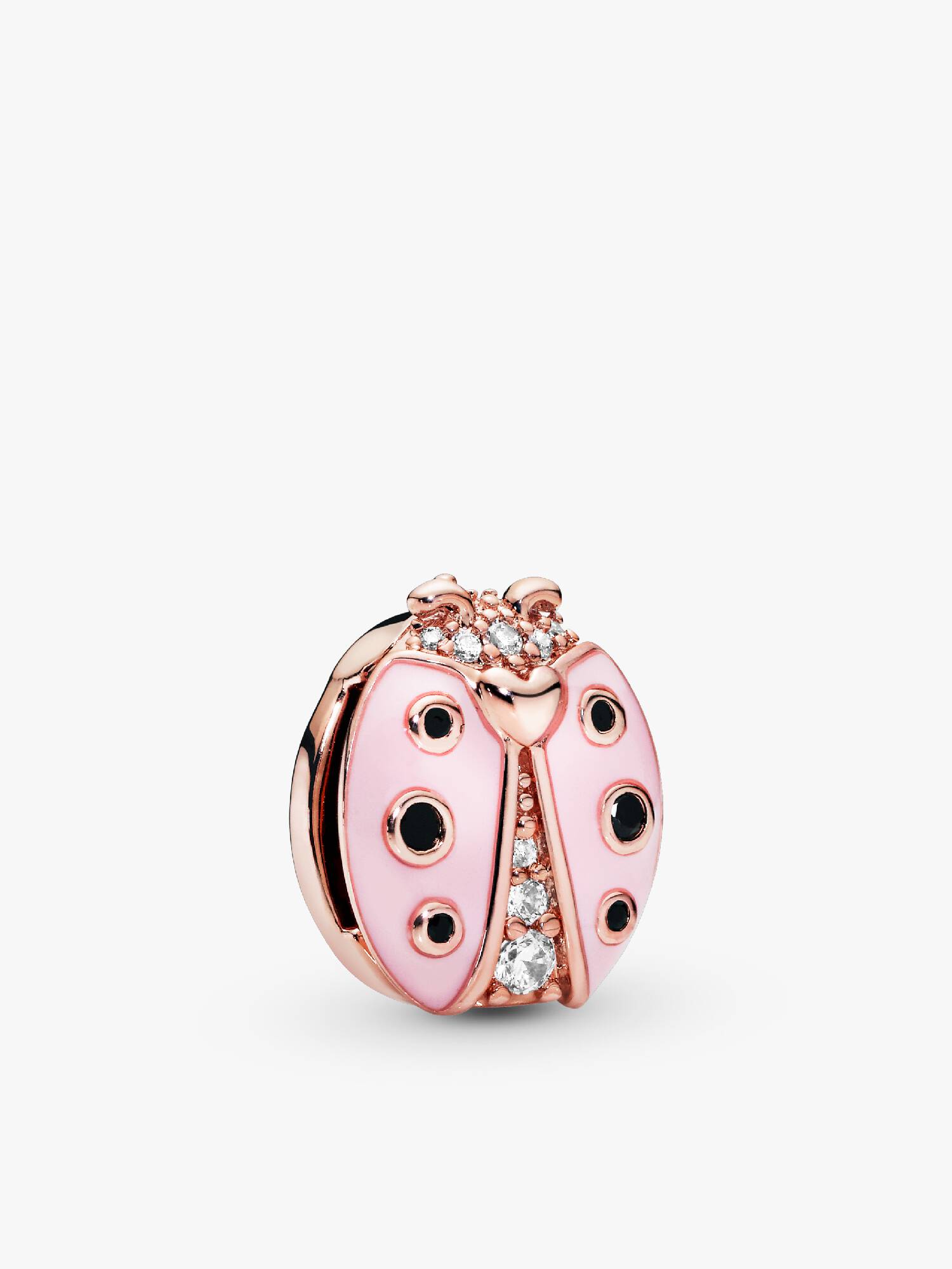 Pandora Reflexions ladybird clip charm in 14k rose gold-plated with clear cubic zirconia, black crystal and pink enamel