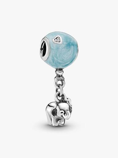 Balloon and elephant silver charm with blue enamel and clear cubic zirconia