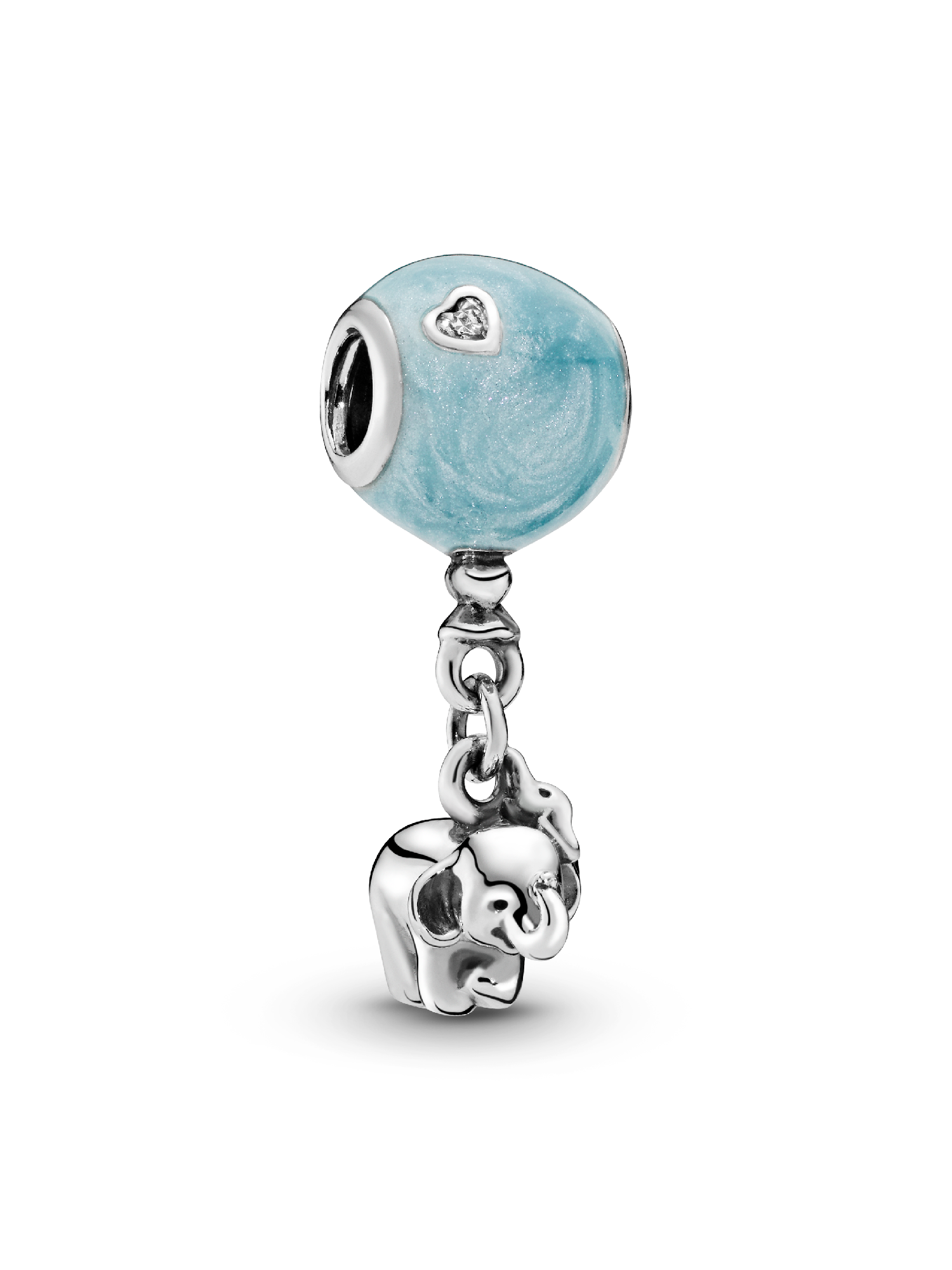 Balloon and elephant silver charm with blue enamel and clear cubic zirconia
