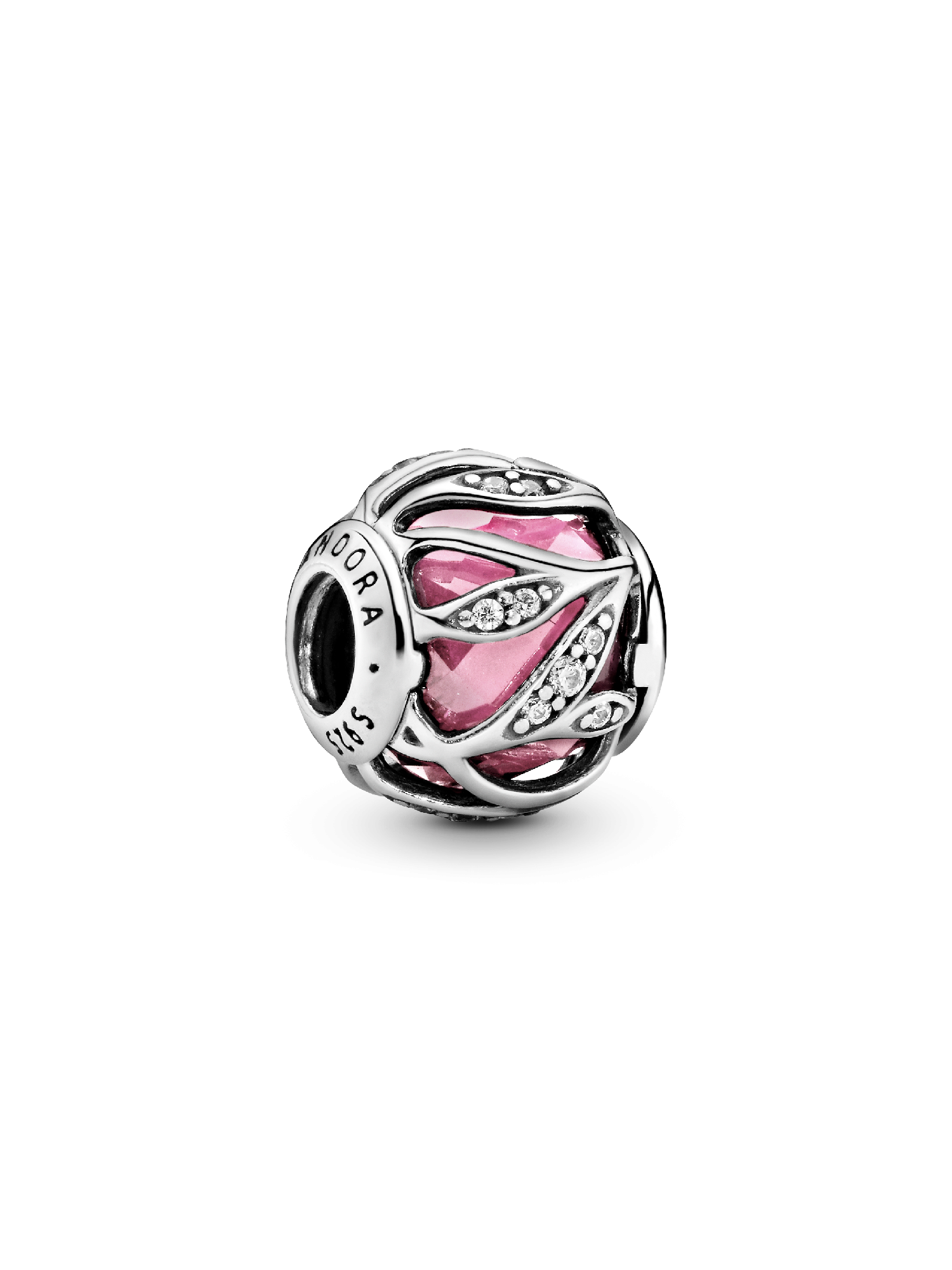 Abstract silver charm with faceted pink cubic zirconia and clear cubic zirconia