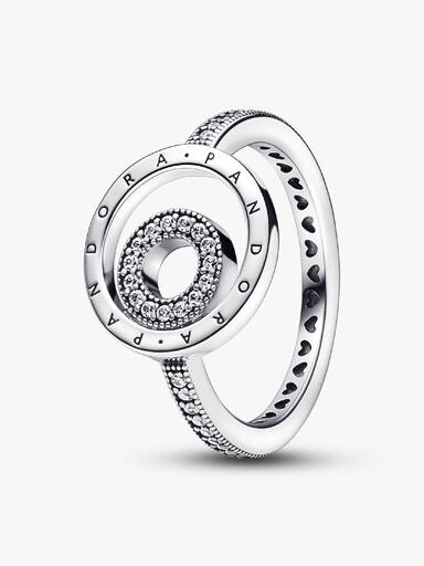Pandora logo sterling silver ring with clear cubic zirconia