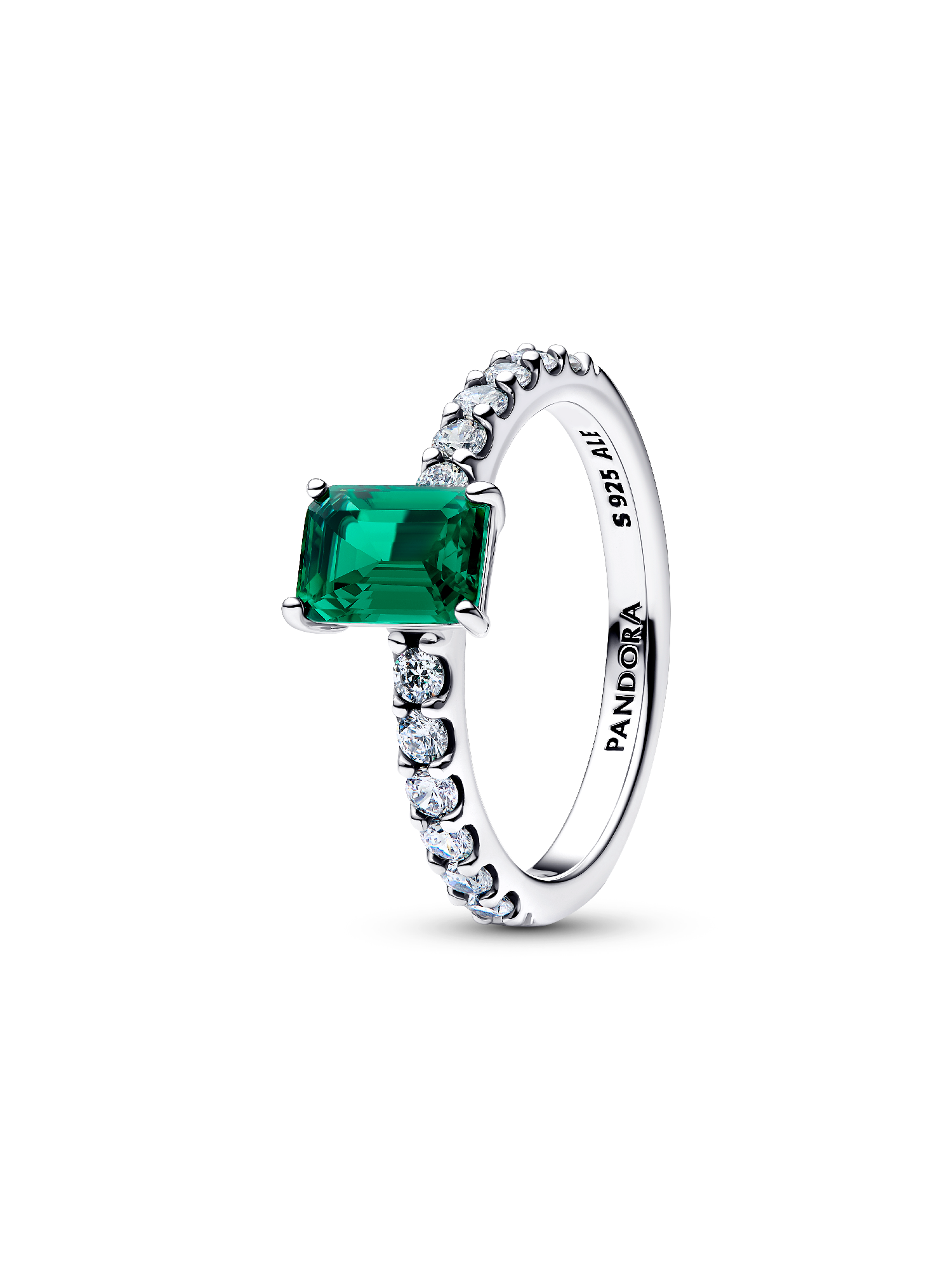 Anel retangular verde cintilante com halo.