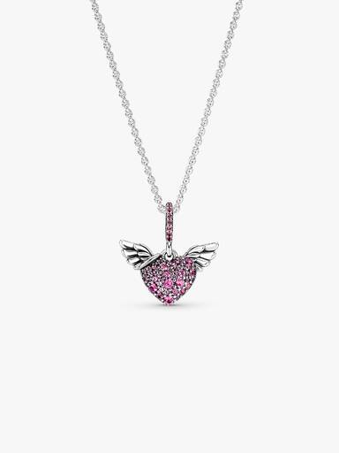 Heart and wings sterling silver pendant with phlox pink crystal and necklace