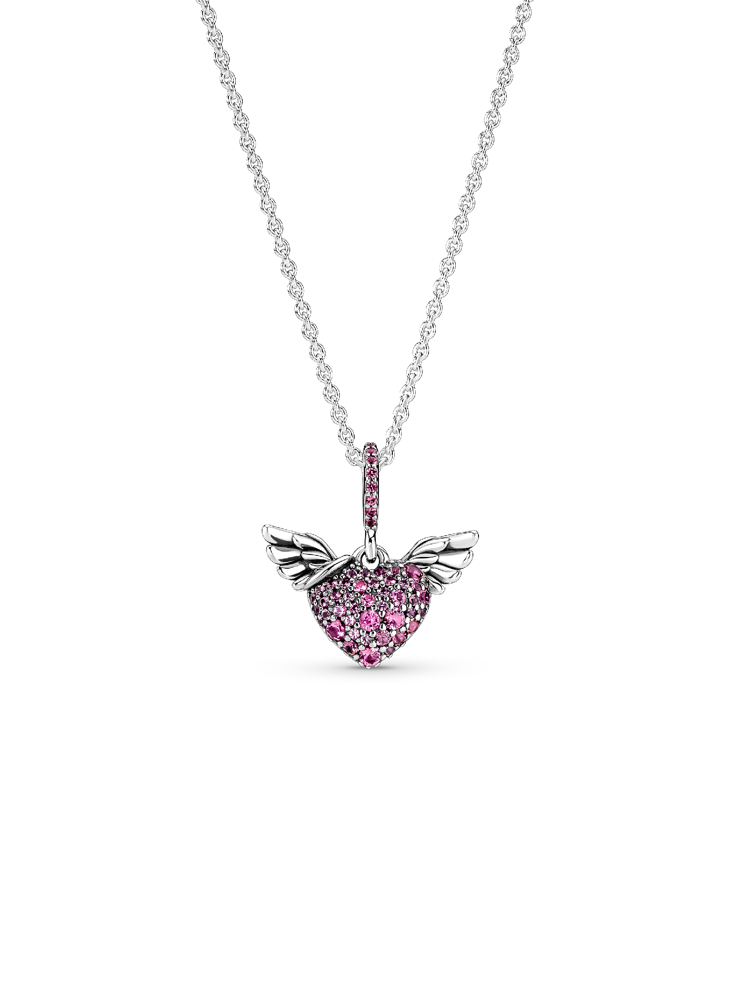 Heart and wings sterling silver pendant with phlox pink crystal and necklace