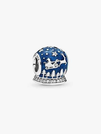 Christmas snow globe silver charm with clear cubic zirconia and blue enamel