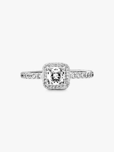 Square silver ring with clear cubic zirconia
