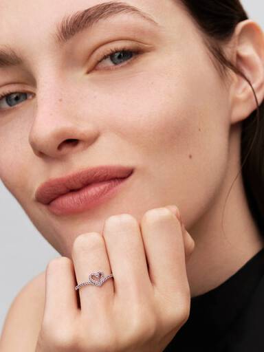 Anel Wishbone Brilhante de Coração Rosa