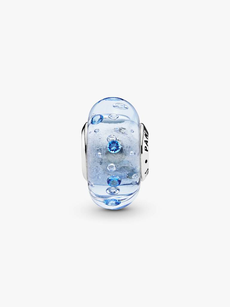Silver charm with blue and transparent Murano glass and blue cubic zirconia